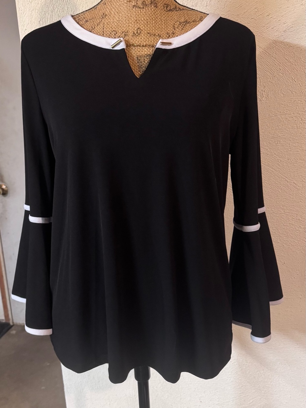 Calvin Klein Black Long Sleeve Top with White Contrast Trim